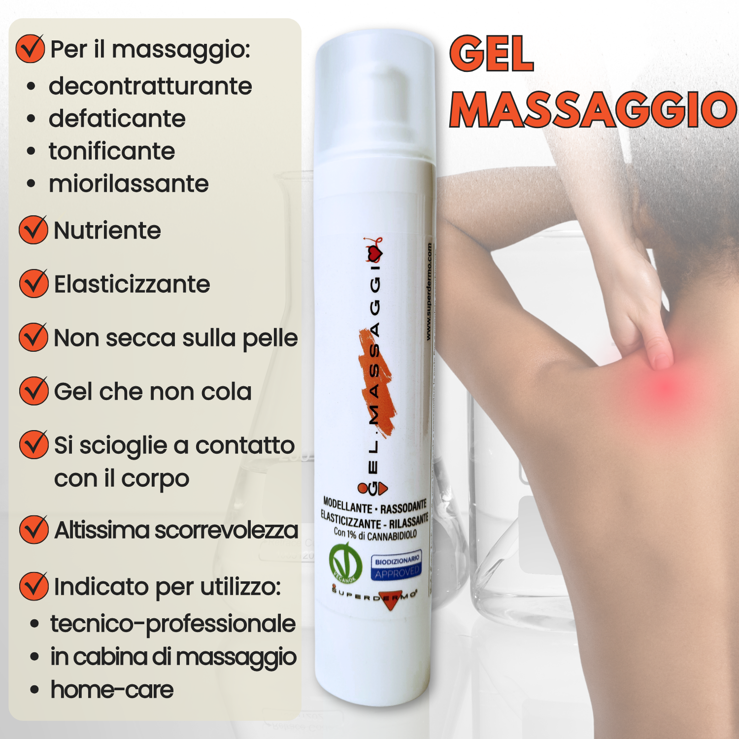 GEL MASSAGGIO con cannabidiolo CBD - contratture, stiramenti, muscoli, decontratturante, massaggio, rilassante, drenante, dolori muscolari,