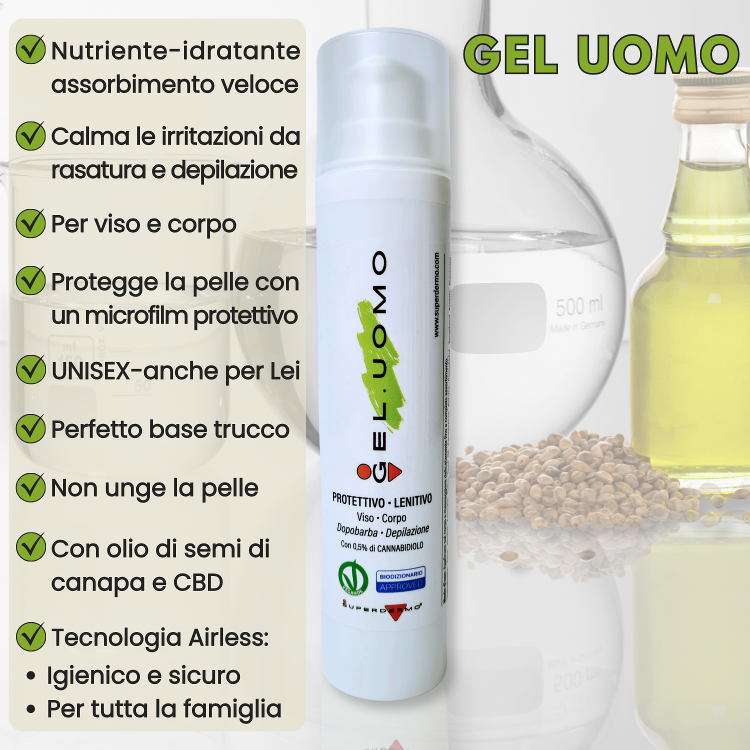 GEL UOMO - con cannabidiolo CBD - calma le irritazioni da rasatura e depilazione, nutriente, protettivo